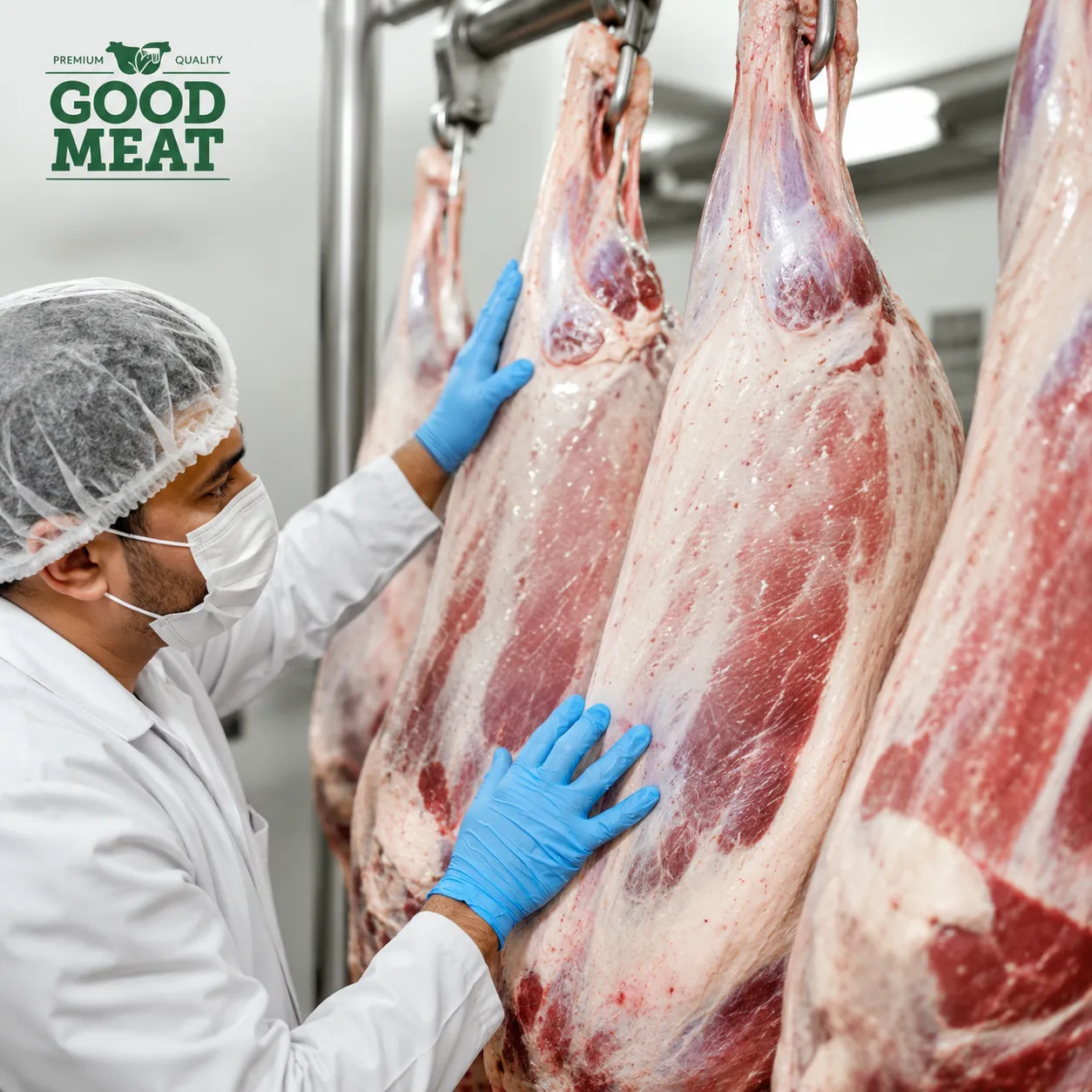 A Good Meat inspector checking carcasses on the rail at a certified abattoir
