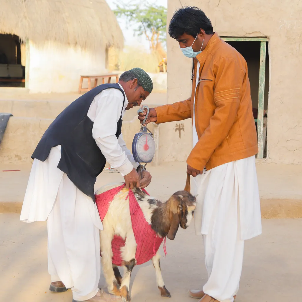 A farmer weighing a goat before sale