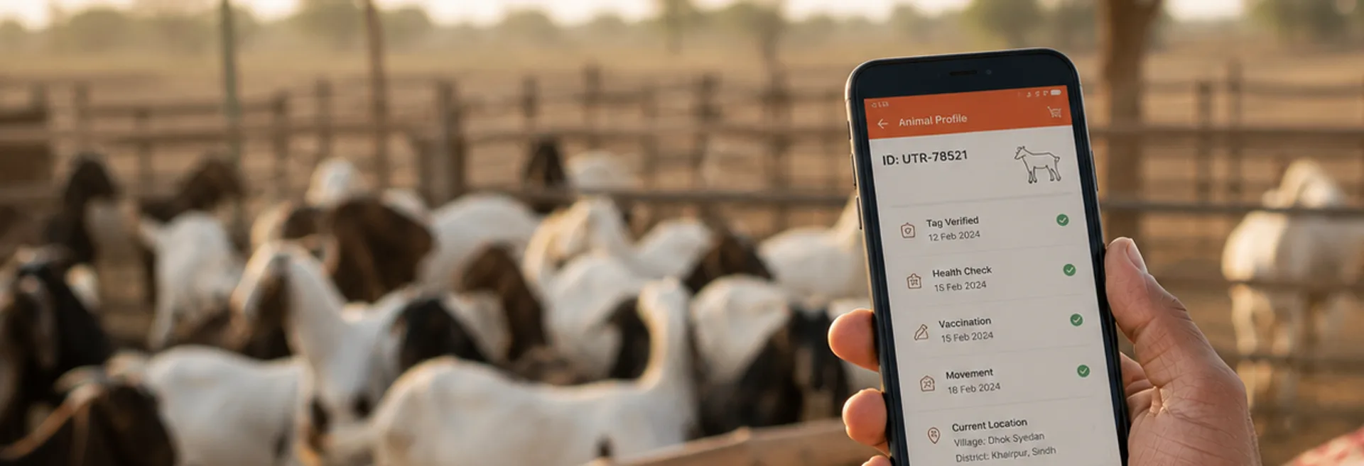 A hand holding a phone showing an UpTrade animal profile, goats in a pen behind